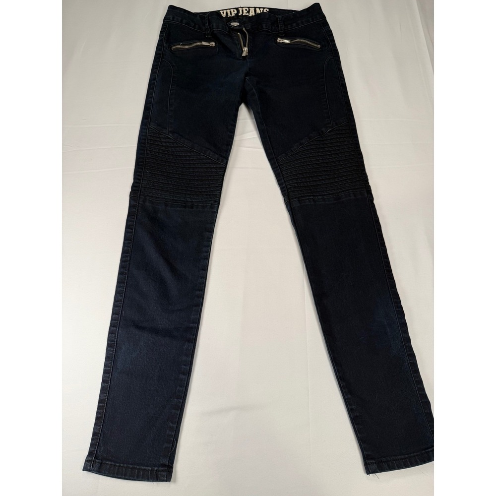 VIP JEANS Womens Dark Wash Moto Biker Jeans Zip Pockets Stretch Size 9 10